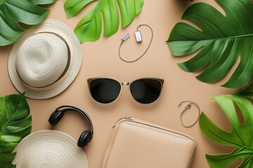Summer essentials including sunglasses, hat, and headphones on a tan background