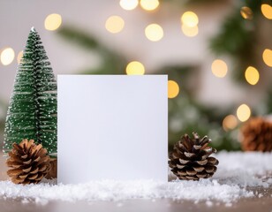 Elegant Winter Mockup with Blank Card, Snowy Pinecones, and Warm Bokeh Lights – Ideal for Holiday Celebrations and Seasonal Invitations