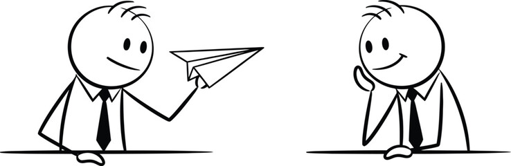 Cartoon stick figures in business attire sending and receiving a paper airplane symbolizing communication and ideas exchange