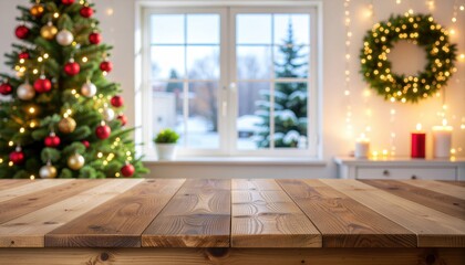 Wooden table top in front of blurred Christmas decorated window and shelf background