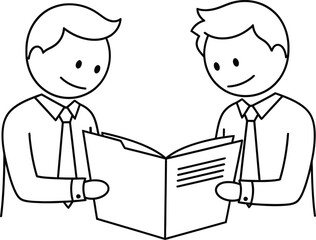 Two smiling cartoon businessmen in shirts and ties collaboratively reviewing an open book or document together in a simple line drawing style