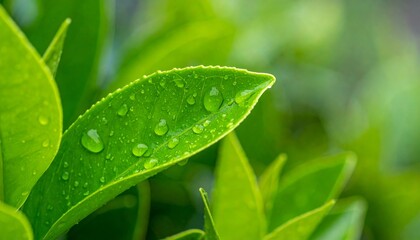 Green leaf with water drops close-up