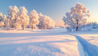 Winter forest path covered with snow
