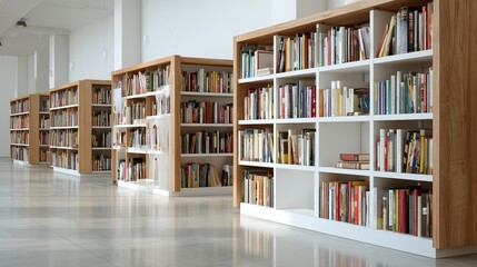 Spacious modern library with wooden shelves filled with books in bright light