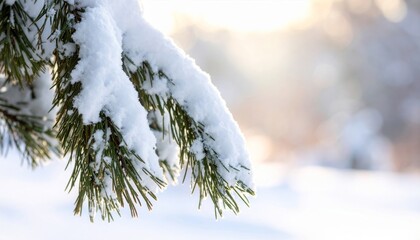 Snow-covered pine branch close-up