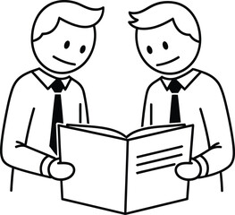 Two smiling businessmen in shirts and ties collaborating and reading a book together in a simple line drawing style