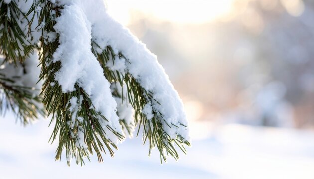 Snow-covered pine branch close-up