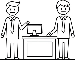Two businessmen standing at a desk with a computer one looking happy and the other looking sad simple line drawing illustration