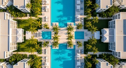 Tropical Resort Pool Complex - Aerial view of palm trees and architecture.