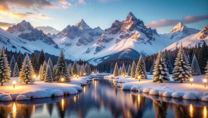 Miniatures mockup winter Mountains landscape with LED glowing