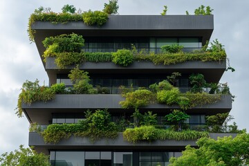 Modern green building with plants and greenery on each floor