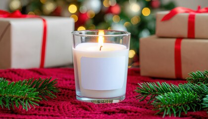 Pillar candle with blank label near red knitted sweater and Christmas decor against lights and wrapped presents, copy space. Warm winter family atmospheric mock up, Holiday time