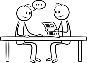 Two stick figures sitting at a table discussing information from a document or newspaper with speech bubbles indicating conversation and communication