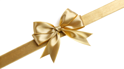 Gold satin gift bow on a diagonal ribbon for celebration wrapping cut out on PNG. AI GENERATED.
