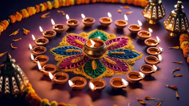 Festive Diwali diya arrangement with vibrant rangoli and marigold garlands illuminating the night 4K Ai HD high quality video.	
