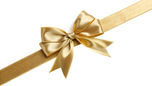 Gold satin gift bow on a diagonal ribbon for celebration wrapping cut out on PNG. AI GENERATED.
