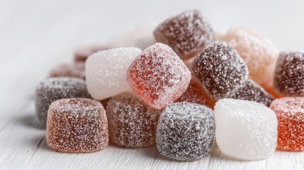 Various colorful gummy candies are piled on a white wooden surface. The candies are coated in sugar, creating a tempting assortment of flavors and colors.