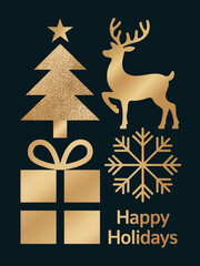 A minimalist Christmas greeting card design with text "Happy Holidays and golden tree,  snowflake, present and deer silhouettes. Dark blue background. 