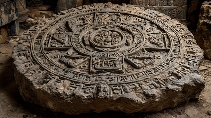 An ancient stone calendar, possibly mayan or aztec, lies in ruins, its intricate carvings and weathered surface hinting at a rich history and forgotten civilization