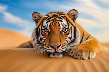 Tiger resting on the desert sands with a calm expression
