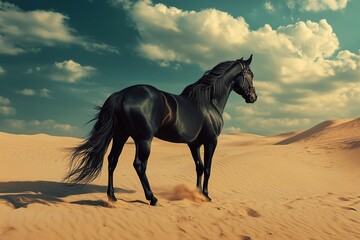 Black horse standing gracefully in the desert