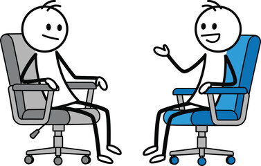 Two stick figures in office chairs engaged in a conversation or interview with one person actively speaking and gesturing