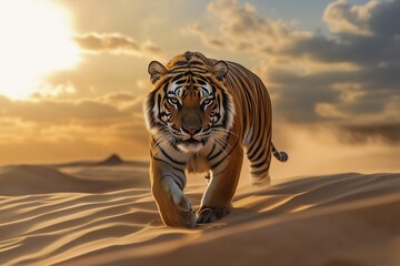 Tiger walking across the desert sands at sunset