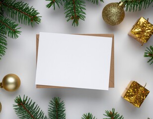 Christmas postcard mockup, blank template. White paper, clean design for holiday greeting. Winter composition, flat lay with gift, tree decor. New Year, modern golden note.