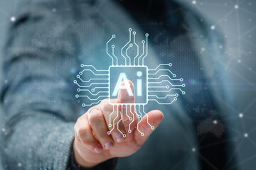 Hand touching a glowing AI chip with global network, hex grid and data connections. Concept of artificial intelligence, innovation, big data and future technology.