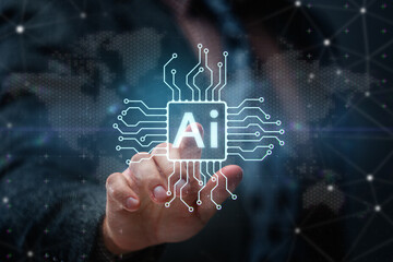 Hand interacting with a glowing AI chip over world map, hex grid and digital network. Concept of artificial intelligence, big data, automation and future technology.