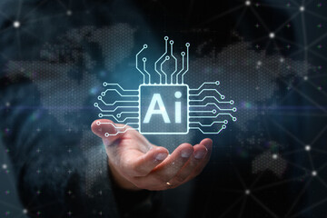Hand holding a glowing AI chip with world map, hexagonal grid and digital network. Concept of artificial intelligence, global data, innovation and future technology.