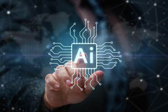 Hand interacting with a glowing AI chip over world map, hex grid and digital network. Concept of artificial intelligence, big data, automation and future technology.