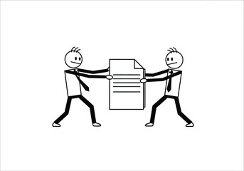 Two stick figures in suits pulling on a document representing a tug of war over a contract or agreement