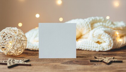 Square blank paper card near white knitted sweater, wooden Christmas decor and lights, copy space. Winter atmospheric mock up, family greeting in rustic or scandinavian style