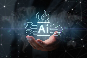 Hand holding a glowing AI chip with world map, hexagonal grid and digital network. Concept of artificial intelligence, global data, innovation and future technology.