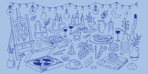 Blue Line Art Icons, Collection Of Kitchen And Art Symbols For Design Project Management And Lifestyle Applications

