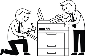 Two businessmen working together to fix a malfunctioning office copier machine with tools and paper jams