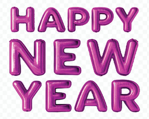 abstract 3d Happy New Year text effect made by different color foil balloons isolated on transparent background