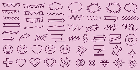 Pink Decorative Icons, Collection Of Arrows Doodles And Heart Symbols For Design Project Management And Celebration Applications

