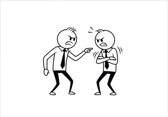 Two angry cartoon businessmen in shirts and ties arguing and pointing fingers in a heated disagreement with aggressive body language
