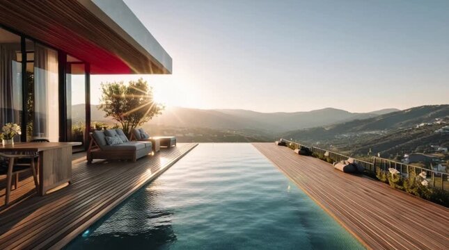 Experience luxurious living with stunning infinity pool views of the rolling hills from a modern villa at sunset in this video preview frame