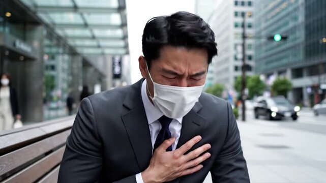 Man in Business Suit Wearing Face Mask Experiencing Chest Discomfort Outdoors