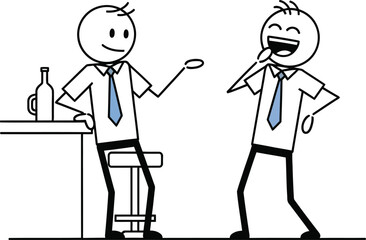 Two stick figure businessmen in office attire sharing a laugh and drinks at a bar after work hours
