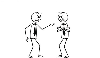 Two angry stick figure businessmen arguing and pointing fingers at each other in a heated dispute
