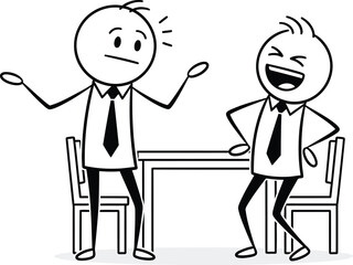 One businessman looks confused and frustrated while another businessman laughs heartily at a table in a simple line drawing