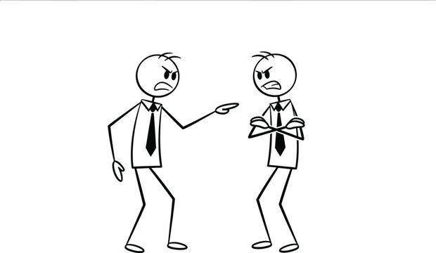 Two angry stick figure businessmen arguing and pointing fingers at each other in a heated dispute
