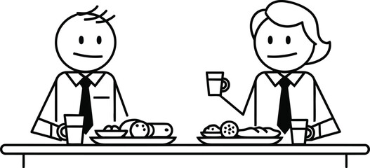 Two smiling cartoon business people sitting at a table with food and drinks enjoying a casual meal together