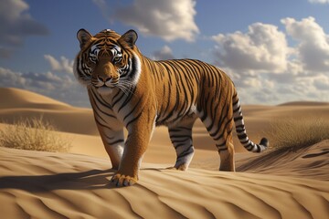 Tiger standing in the desert under a bright sky