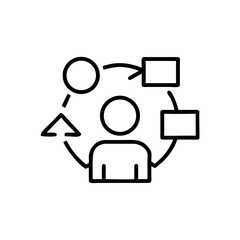 Person managing workflow with process diagrams and elements around  