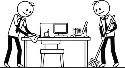 Two cartoon stick figures diligently cleaning and organizing an office desk with a computer and chair promoting tidiness and productivity